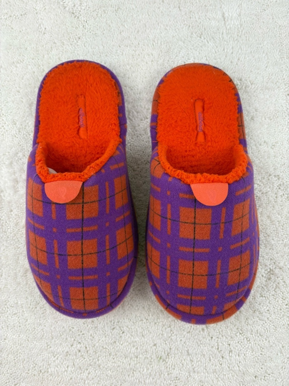 Allbirds Wool Dwellers Slippers-Size: 6.5-Color: Tartan Orange and Purple Plaid